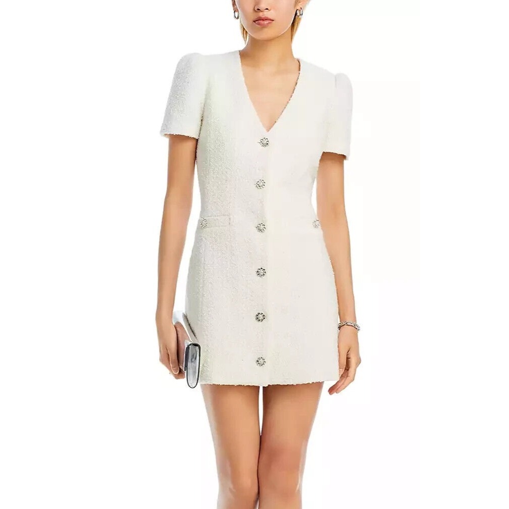 Aqua Cream Textured Mini Dress With Pearl Buttons